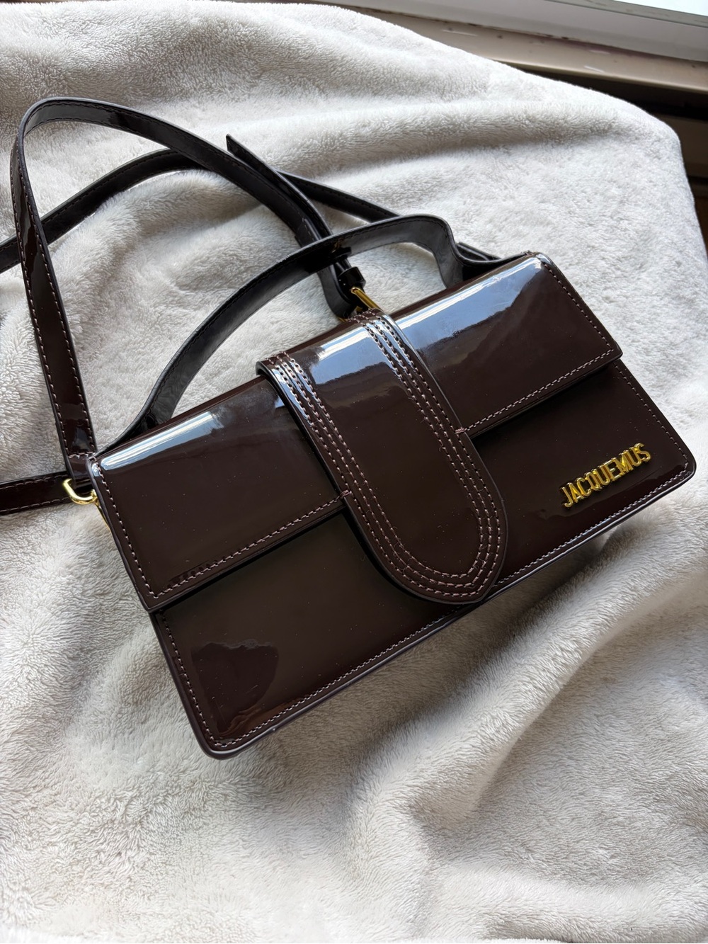 Jacquemus Brown Patent Le Bambino Shoulder Bag with Gold Logo